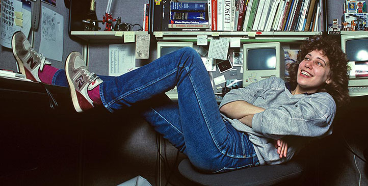 Susan Kare sitting in her office at apple